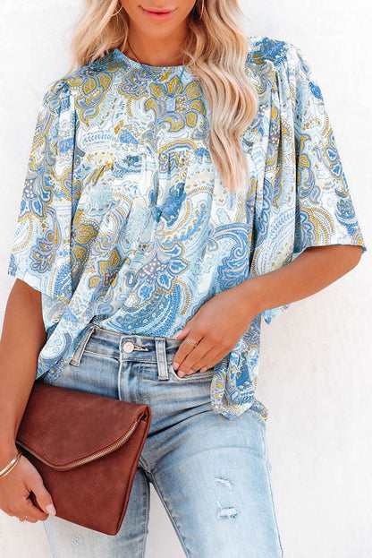 Light Blue Paisley Print Flounce Sleeves Loose Blouse - Vesteeto