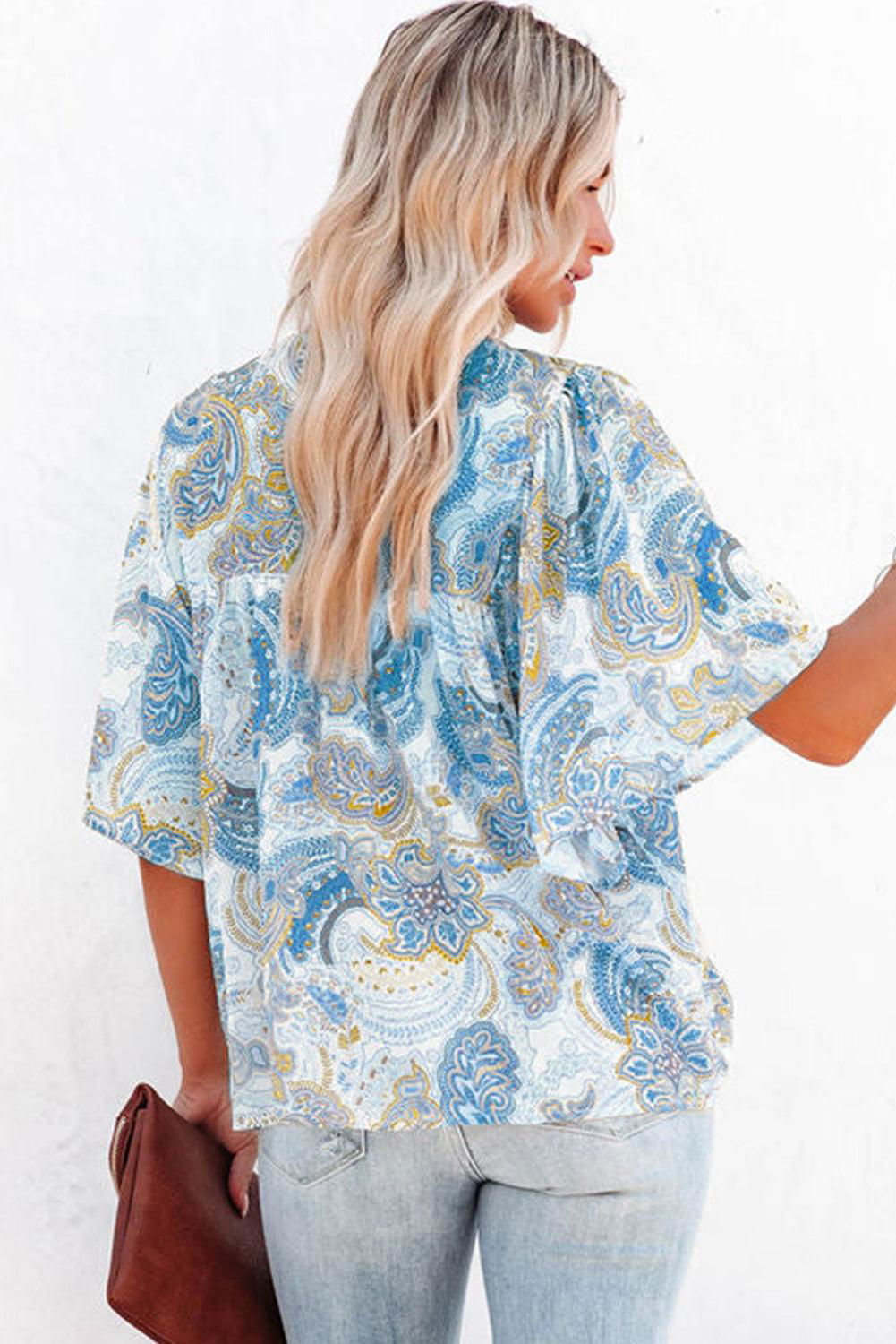 Light Blue Paisley Print Flounce Sleeves Loose Blouse - Vesteeto