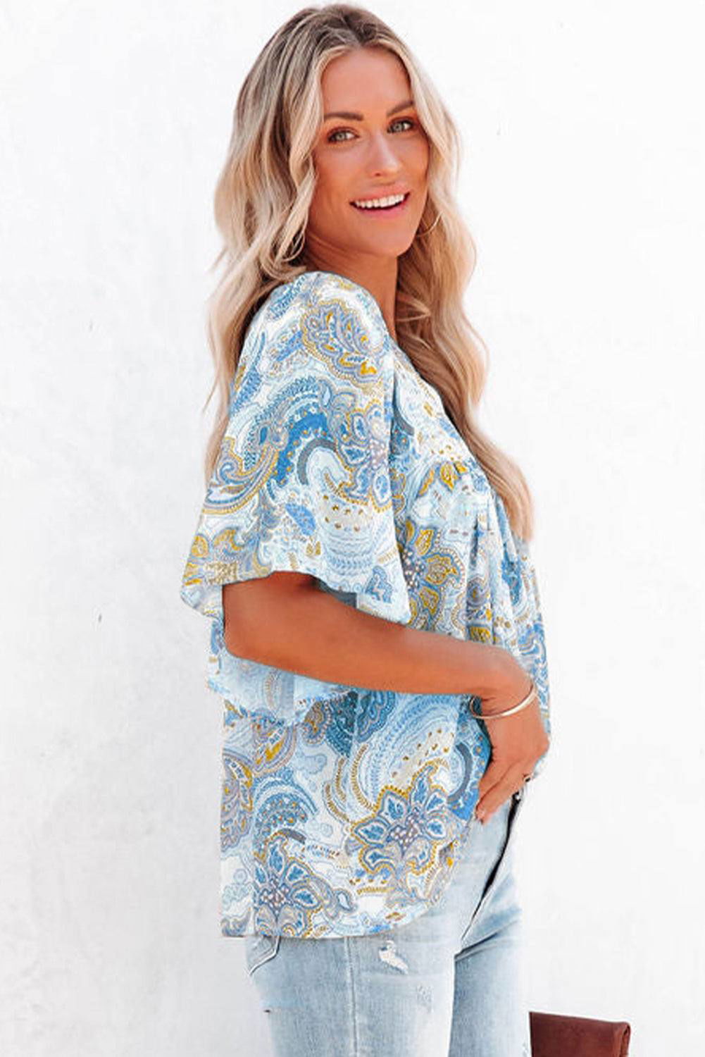 Light Blue Paisley Print Flounce Sleeves Loose Blouse - Vesteeto