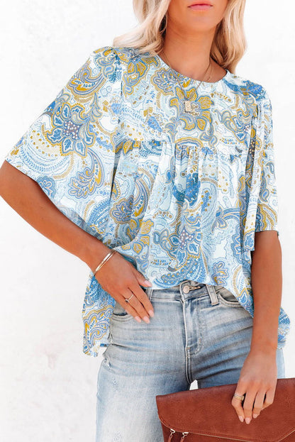 Light Blue Paisley Print Flounce Sleeves Loose Blouse - Vesteeto