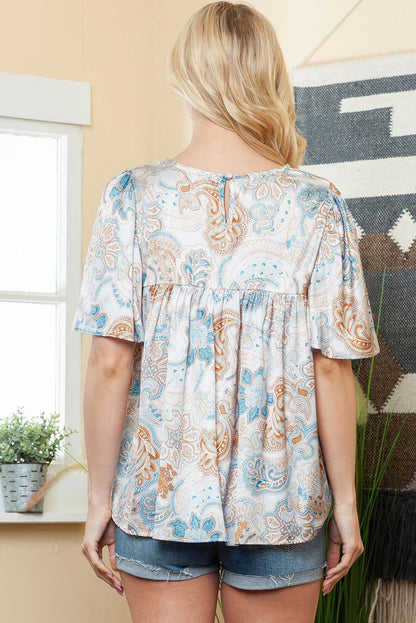 Light Blue Paisley Print Flounce Sleeves Loose Blouse - Vesteeto