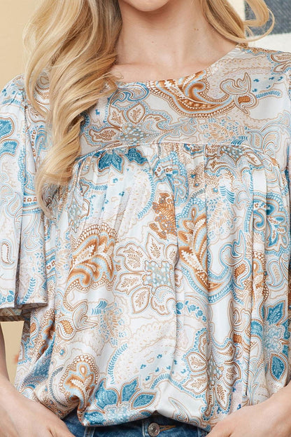 Light Blue Paisley Print Flounce Sleeves Loose Blouse - Vesteeto