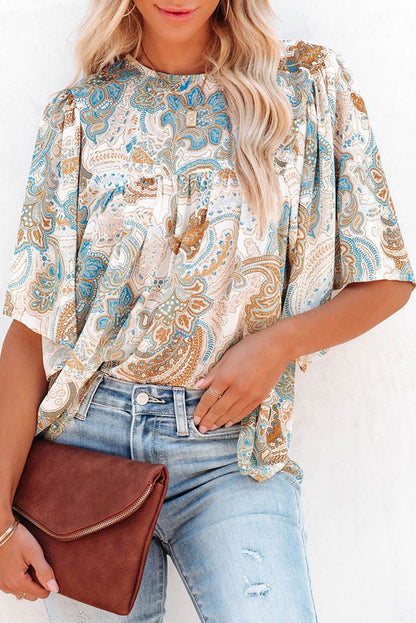 Light Blue Paisley Print Flounce Sleeves Loose Blouse - Vesteeto