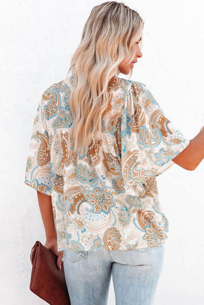 Light Blue Paisley Print Flounce Sleeves Loose Blouse - Vesteeto