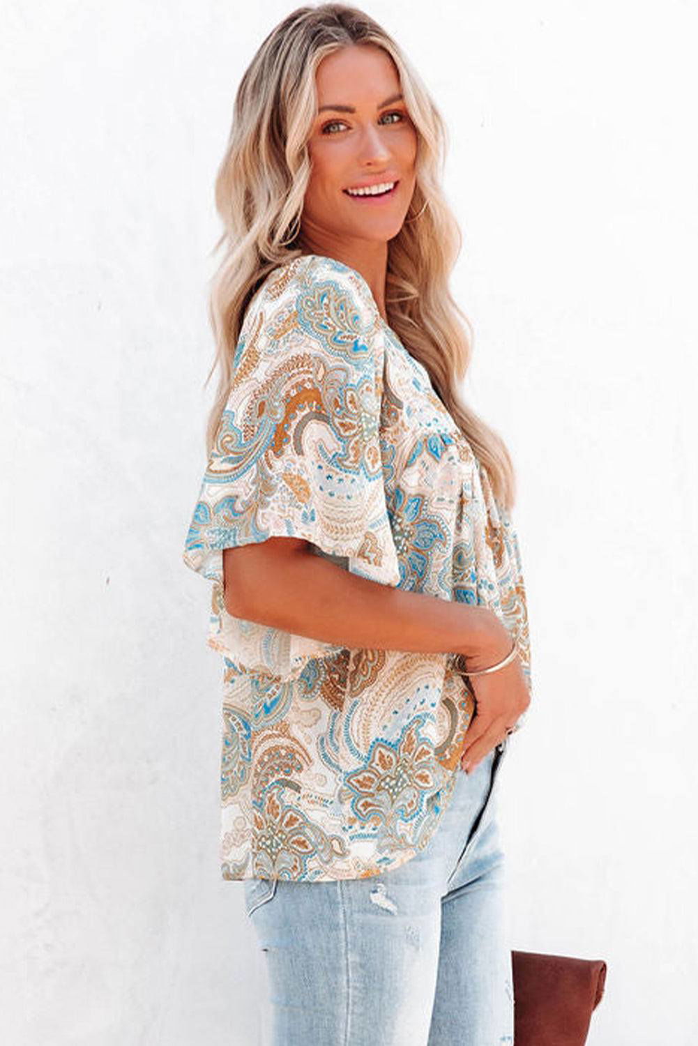 Light Blue Paisley Print Flounce Sleeves Loose Blouse - Vesteeto