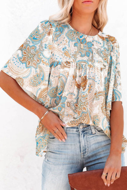 Light Blue Paisley Print Flounce Sleeves Loose Blouse - Vesteeto