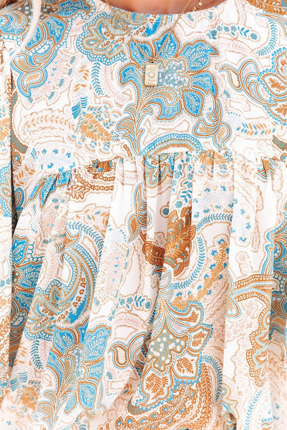 Light Blue Paisley Print Flounce Sleeves Loose Blouse - Vesteeto