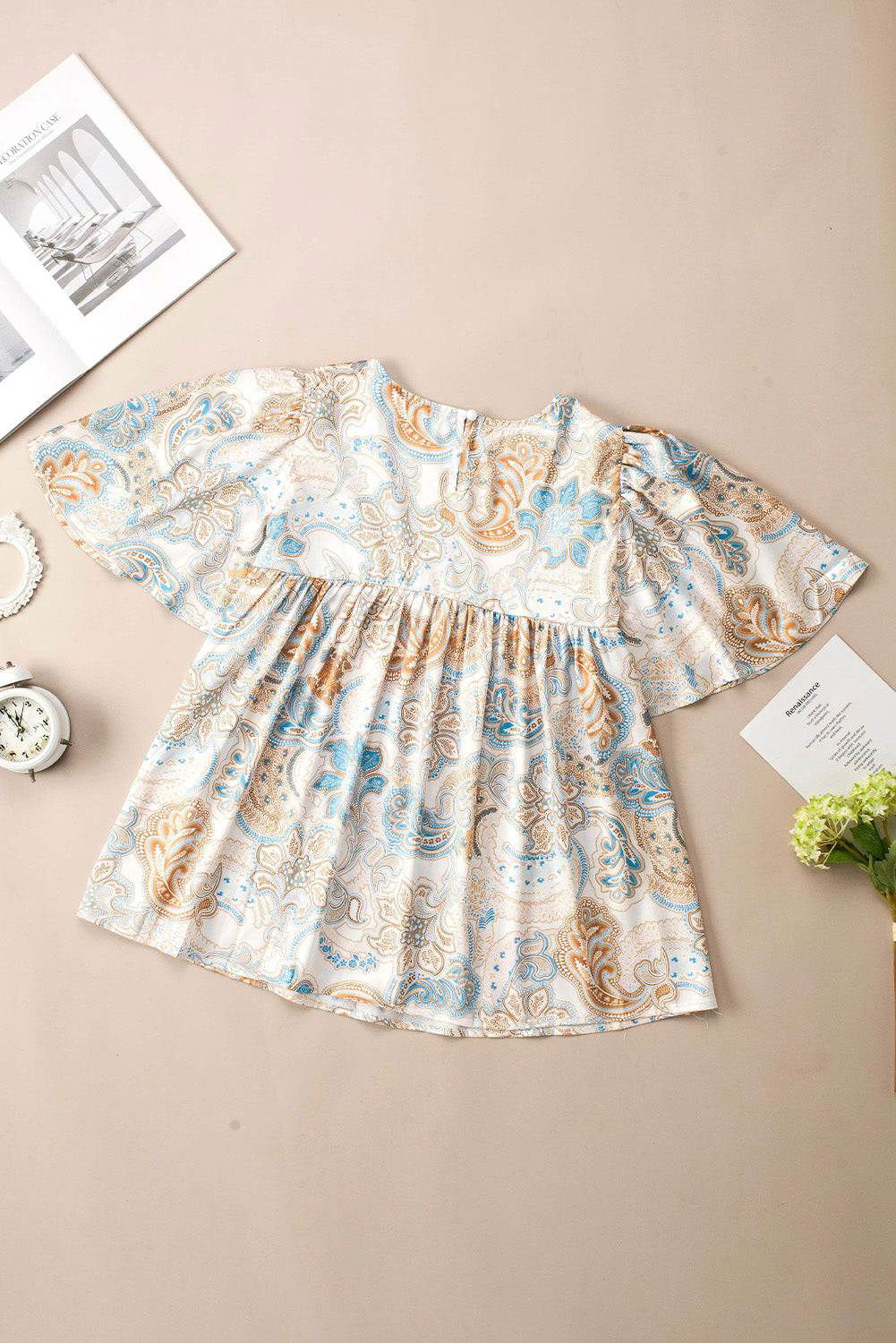 Light Blue Paisley Print Flounce Sleeves Loose Blouse - Vesteeto