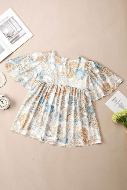 Light Blue Paisley Print Flounce Sleeves Loose Blouse - Vesteeto