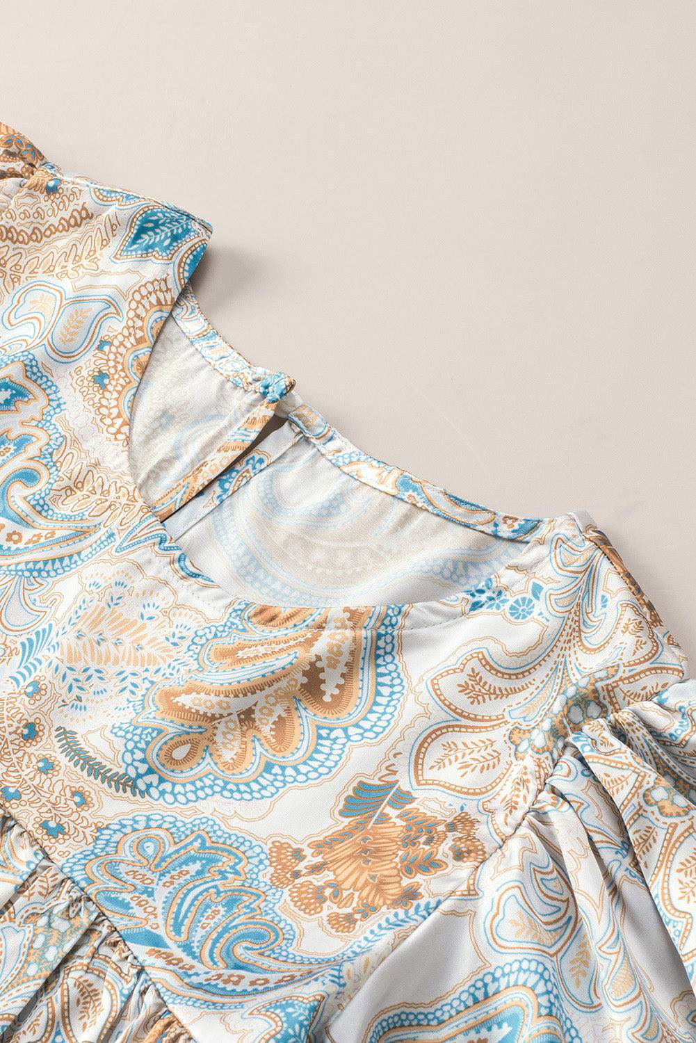 Light Blue Paisley Print Flounce Sleeves Loose Blouse - Vesteeto