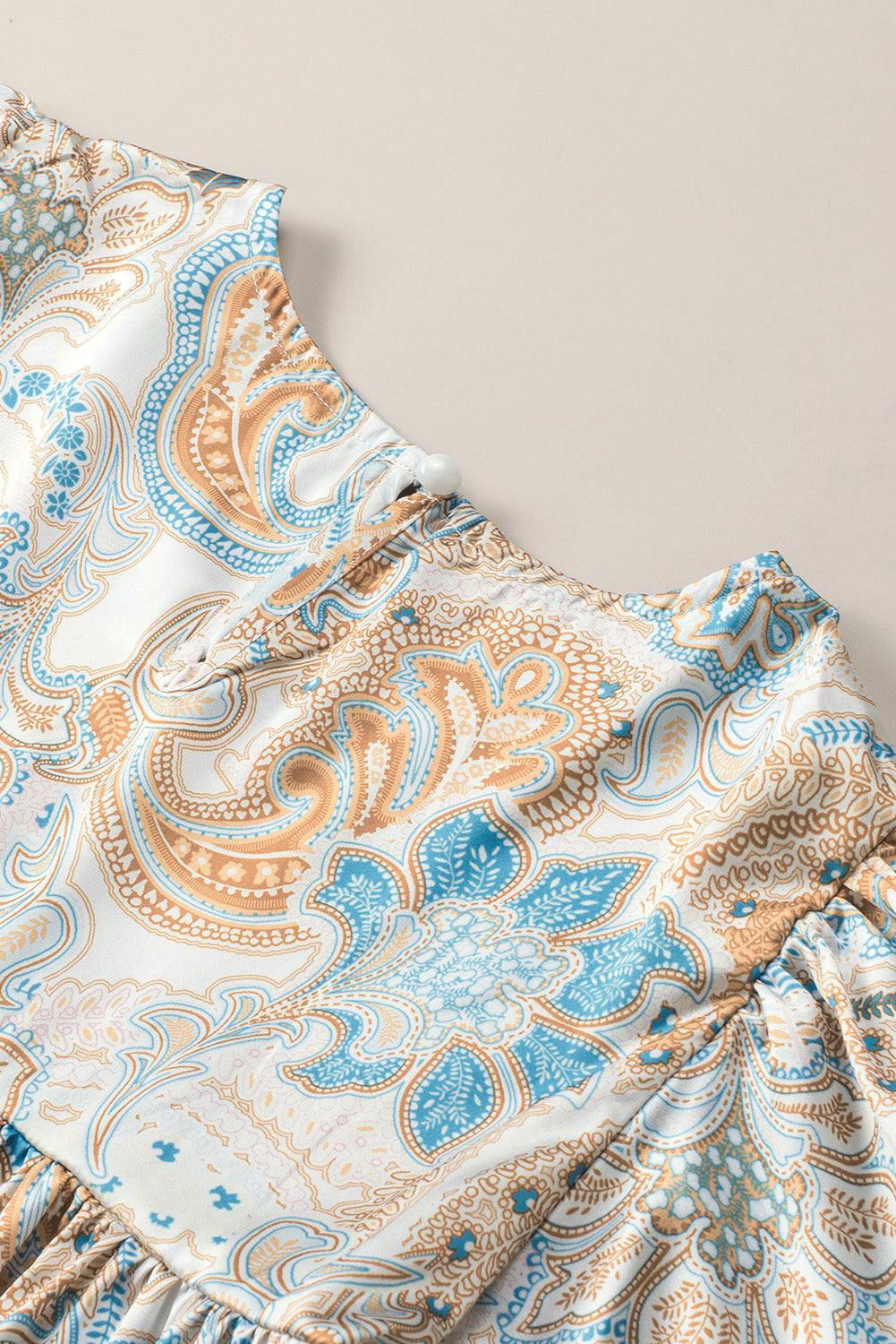 Light Blue Paisley Print Flounce Sleeves Loose Blouse - Vesteeto