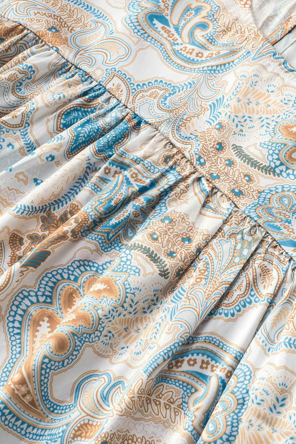 Light Blue Paisley Print Flounce Sleeves Loose Blouse - Vesteeto