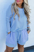 Light Blue Plus Size Ribbed Long Sleeve Top and Drawstring Shorts Set - Vesteeto