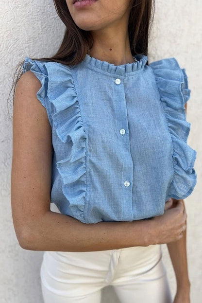 Light Blue Ruffle Trim Sleeveless Button Up Shirt - Vesteeto