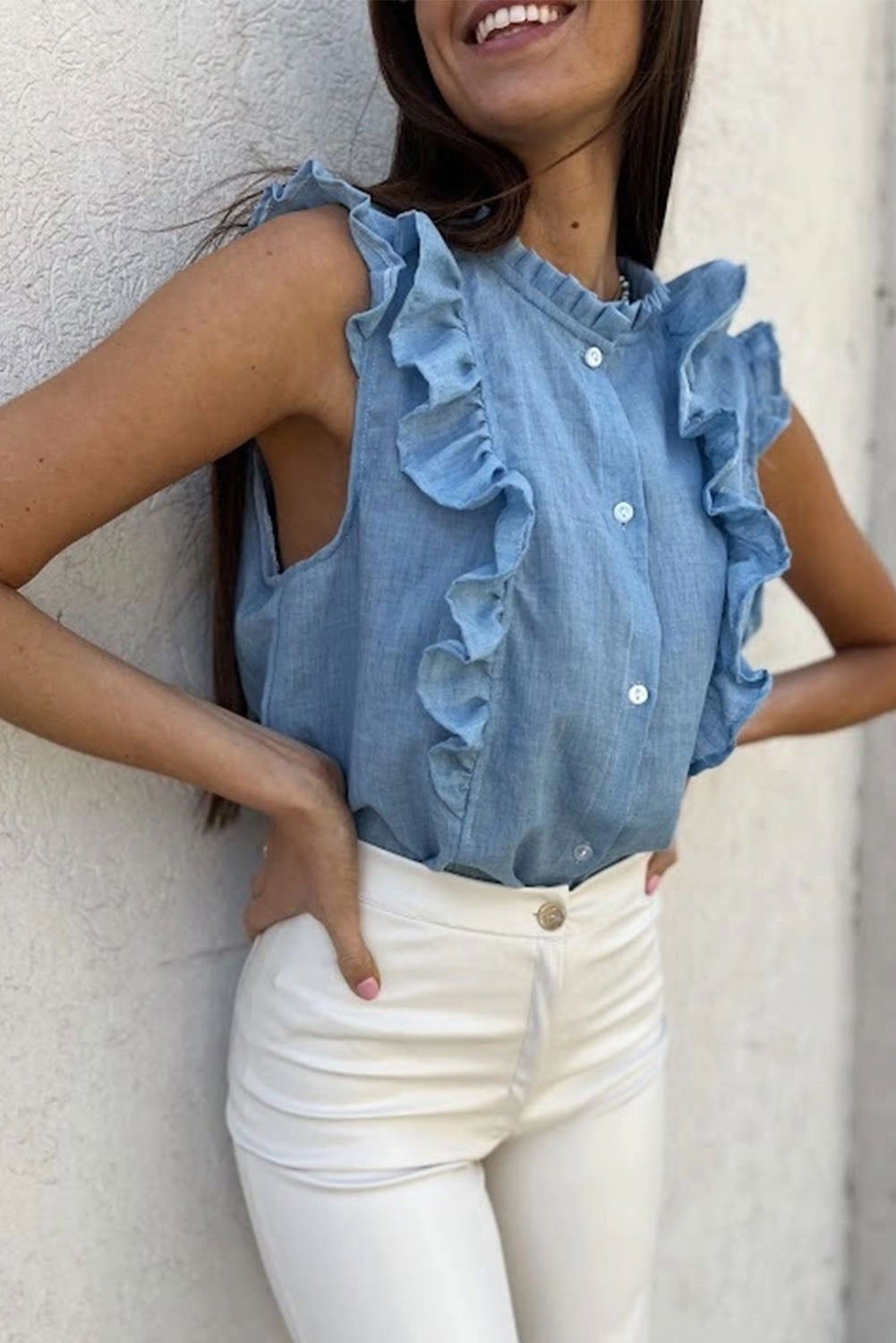 Light Blue Ruffle Trim Sleeveless Button Up Shirt - Vesteeto