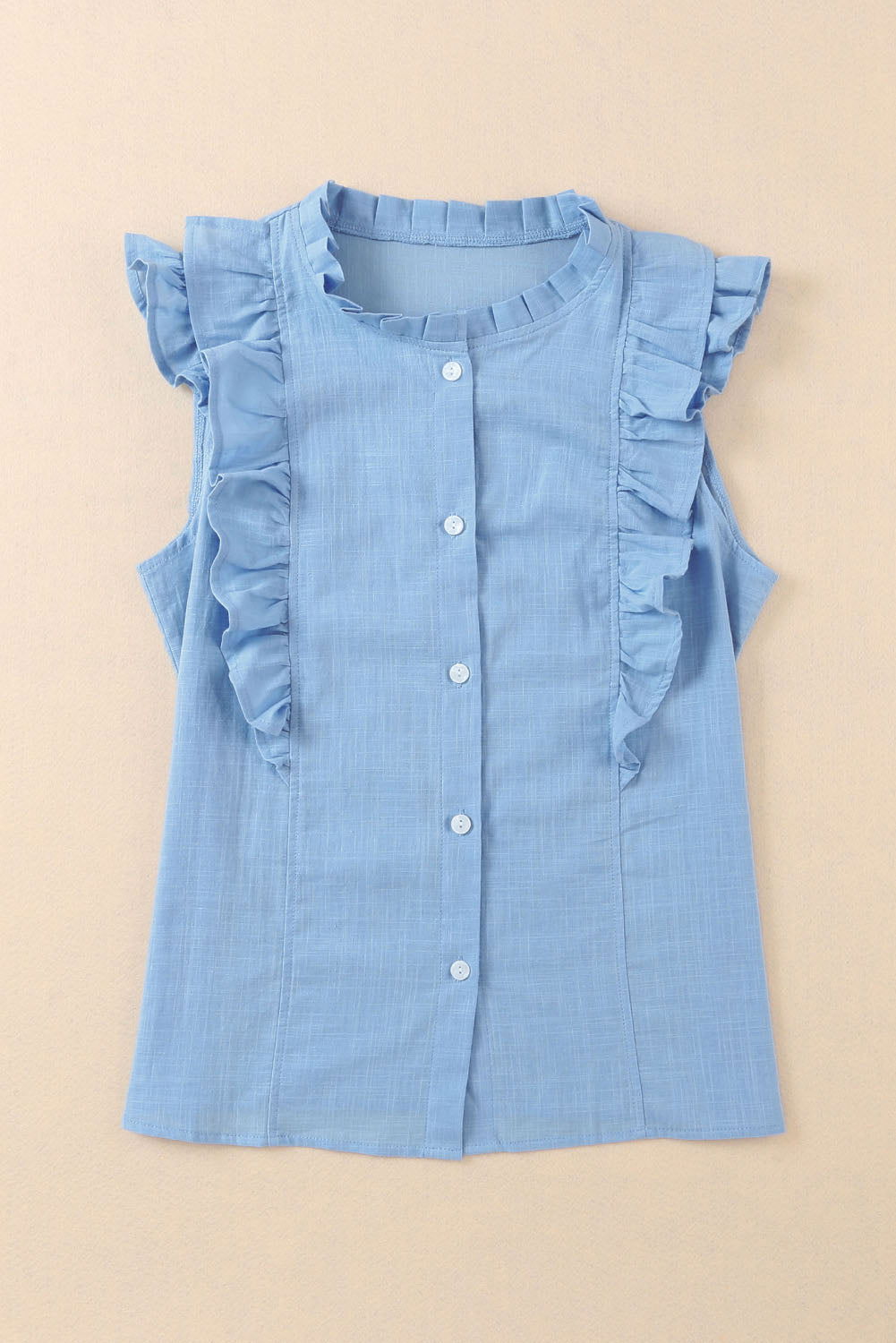 Light Blue Ruffle Trim Sleeveless Button Up Shirt - Vesteeto