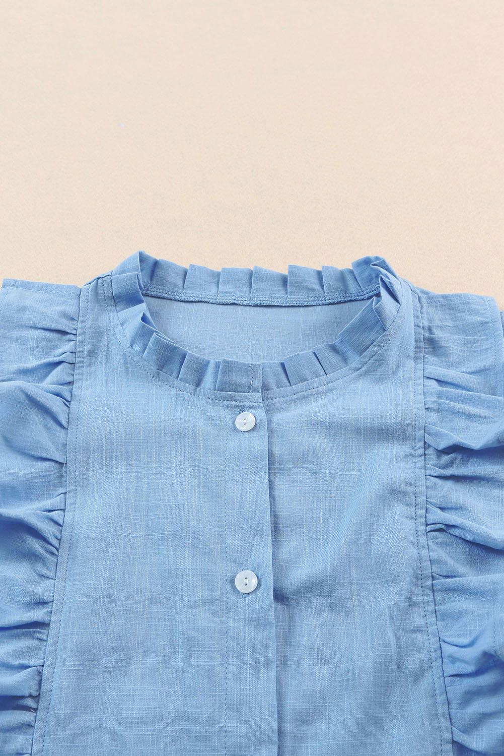 Light Blue Ruffle Trim Sleeveless Button Up Shirt - Vesteeto