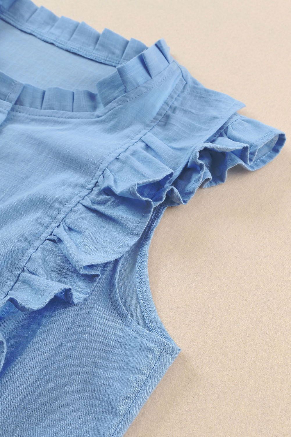 Light Blue Ruffle Trim Sleeveless Button Up Shirt - Vesteeto