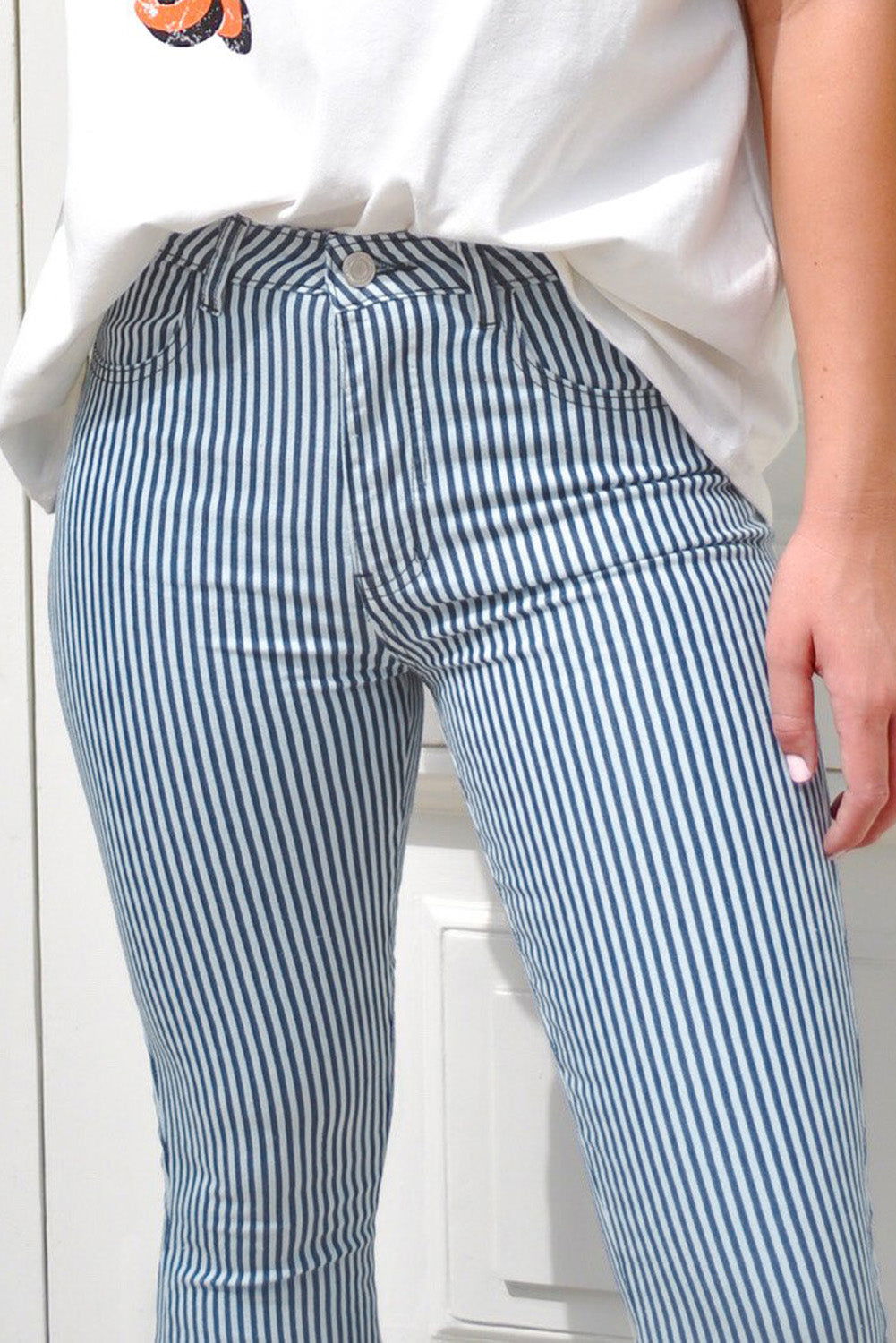 Light Blue Stripe Casual Mid Waist Bell Pants - Vesteeto