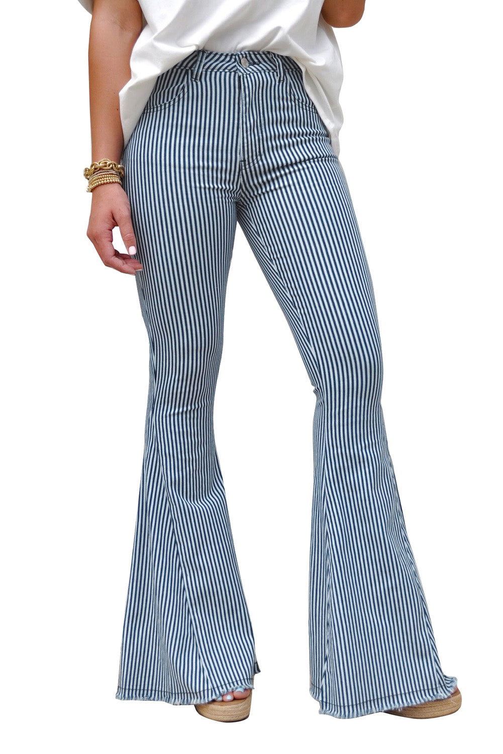 Light Blue Stripe Casual Mid Waist Bell Pants - Vesteeto