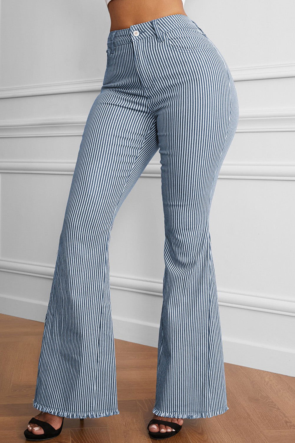 Light Blue Stripe Casual Mid Waist Bell Pants - Vesteeto