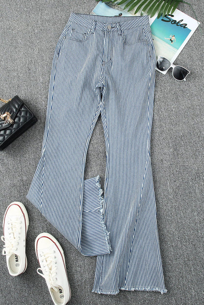 Light Blue Stripe Casual Mid Waist Bell Pants - Vesteeto