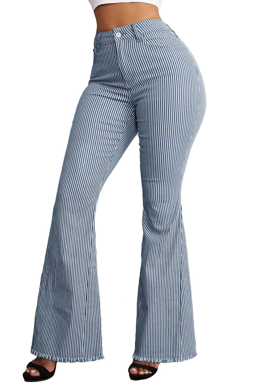 Light Blue Stripe Casual Mid Waist Bell Pants - Vesteeto