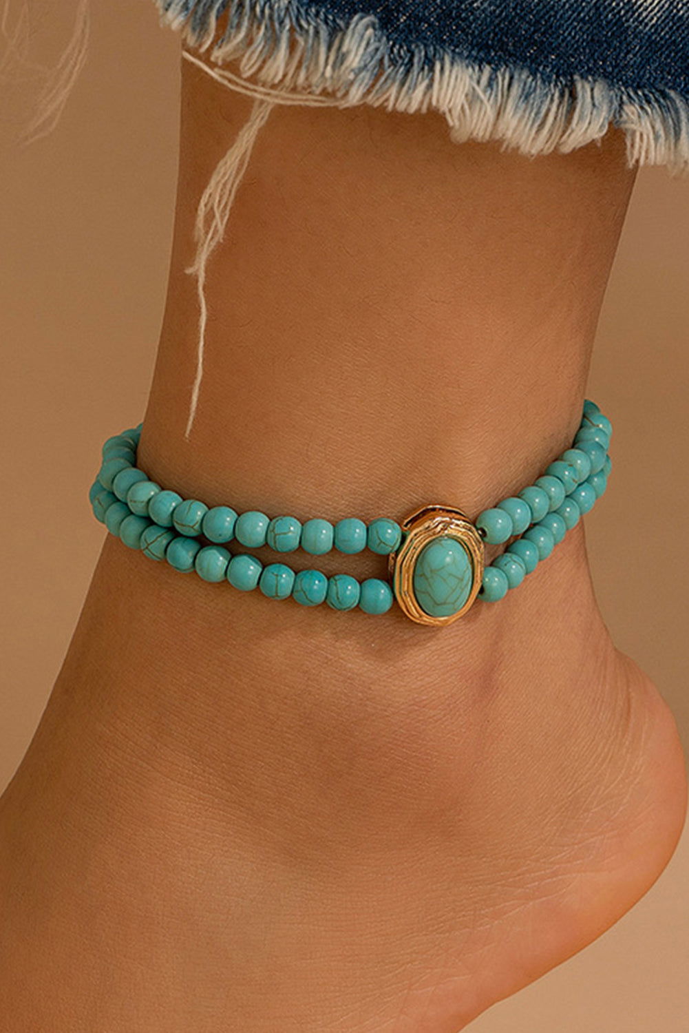 Light Blue Turquoise Beaded Double Layered Anklet - Vesteeto