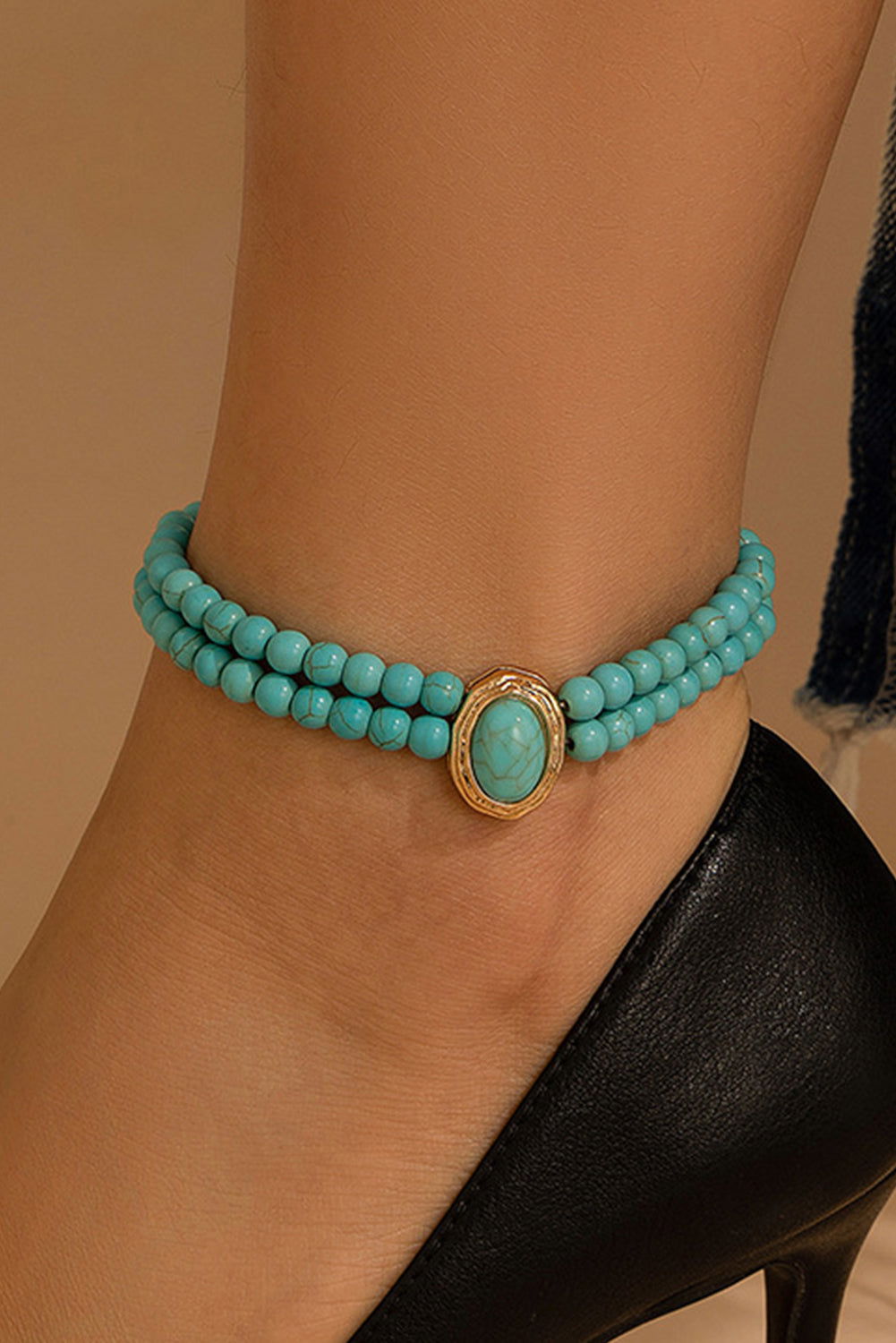 Light Blue Turquoise Beaded Double Layered Anklet - Vesteeto