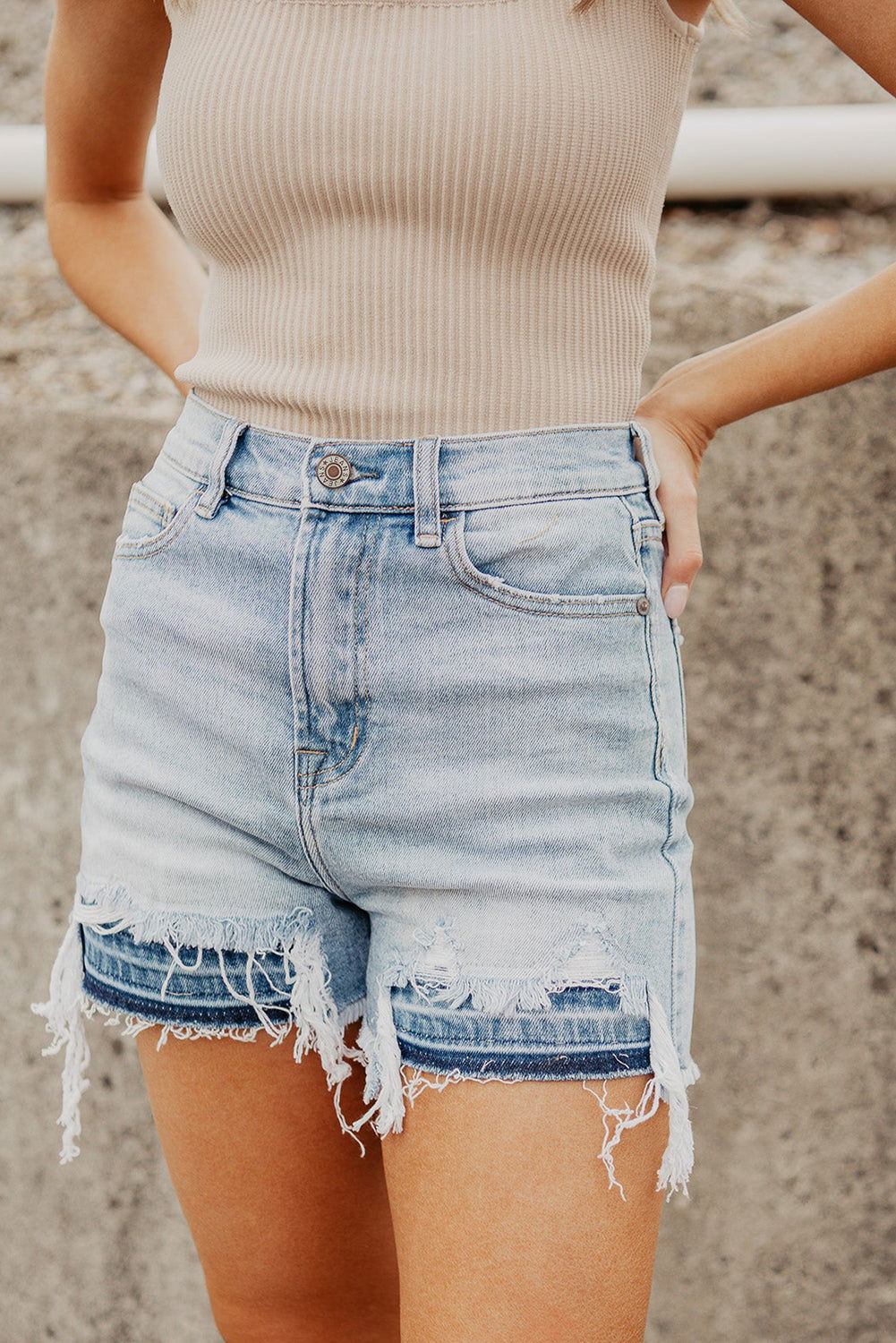 Light Blue Vintage Washed Raw Edge Denim Shorts - Vesteeto