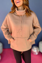 Light French Beige Drawstring Turtleneck Dolman Sleeve Sweatshirt - Vesteeto