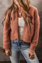 Light French Beige Drop Sleeve Open Front Cropped Cardigan - Vesteeto