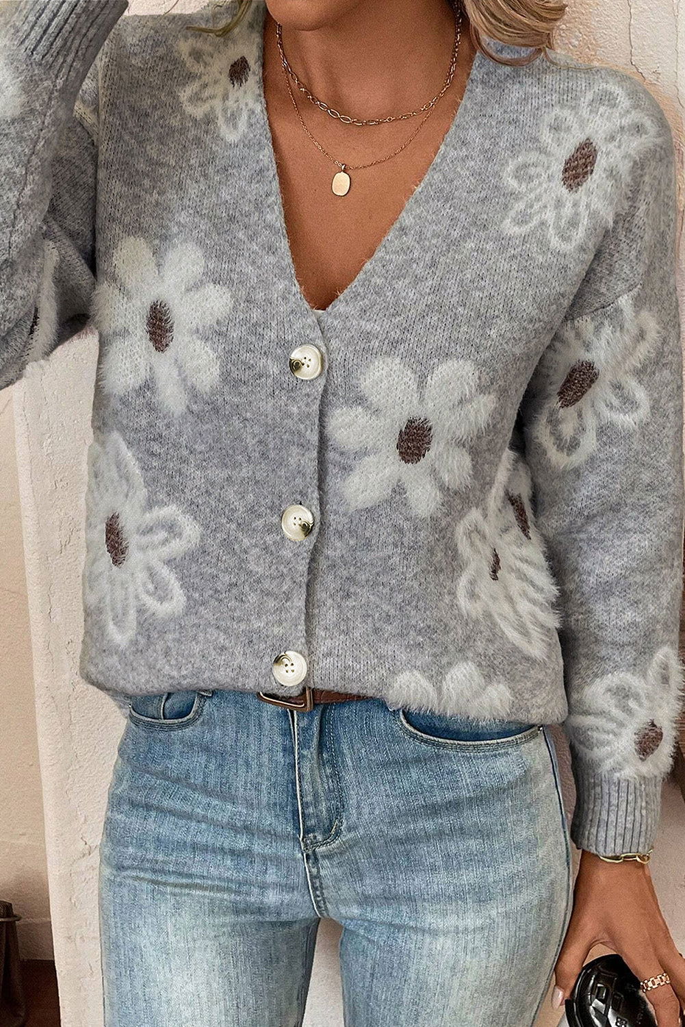 Light Grey Floral Print V Neck Knitted Button Up Cardigan - Vesteeto