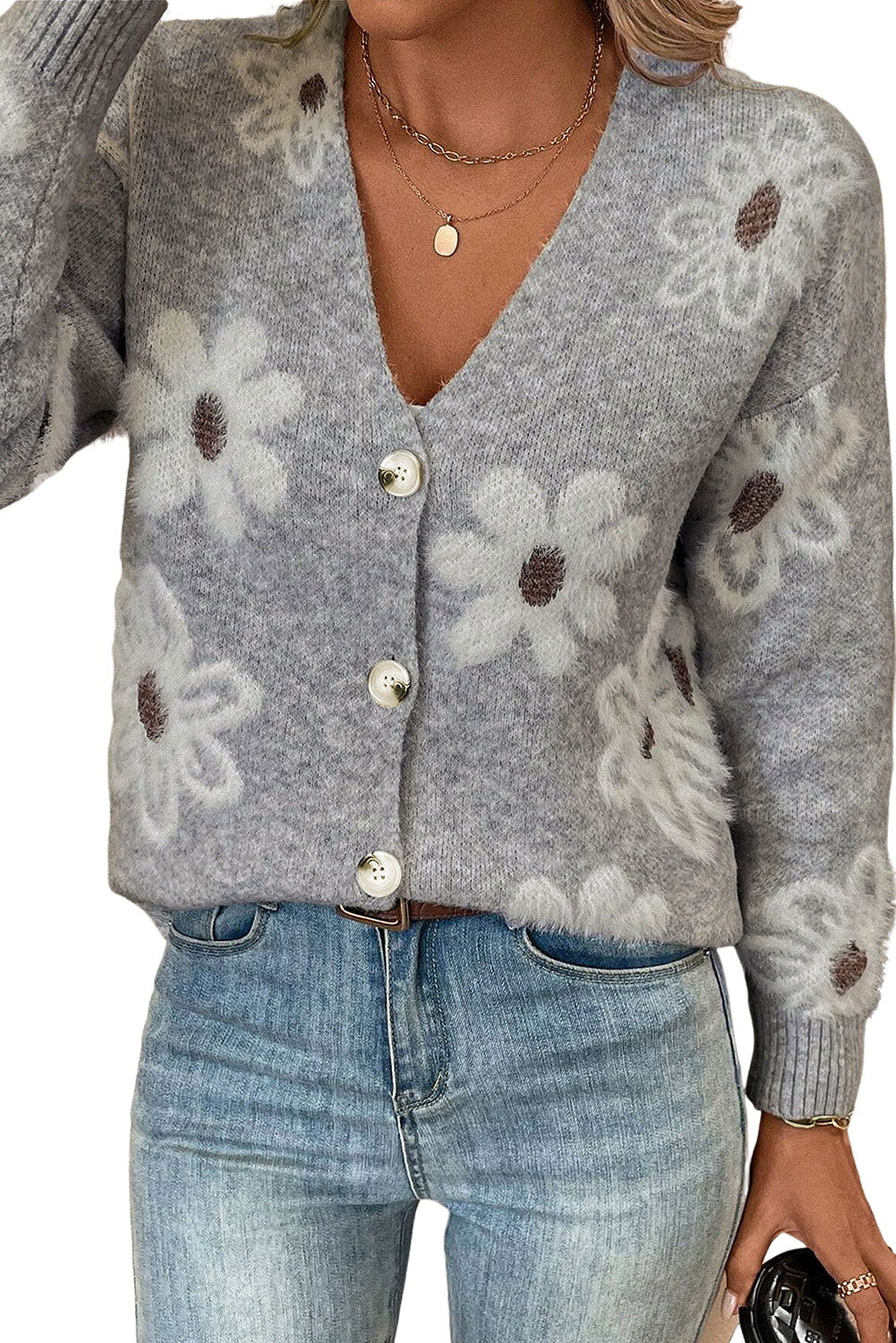 Light Grey Floral Print V Neck Knitted Button Up Cardigan - Vesteeto