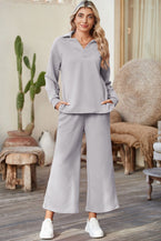 Light Grey Solid Textured Collared V Neck Top and Wide Leg Pants Set - Vesteeto