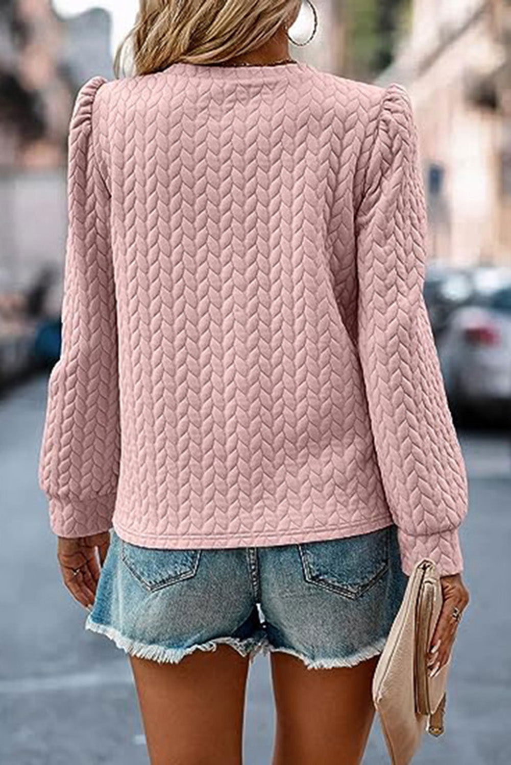 Light Pink Quilted Puff Sleeve Sweatshirt - Vesteeto