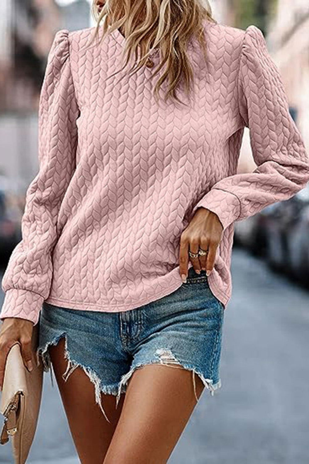 Light Pink Quilted Puff Sleeve Sweatshirt - Vesteeto