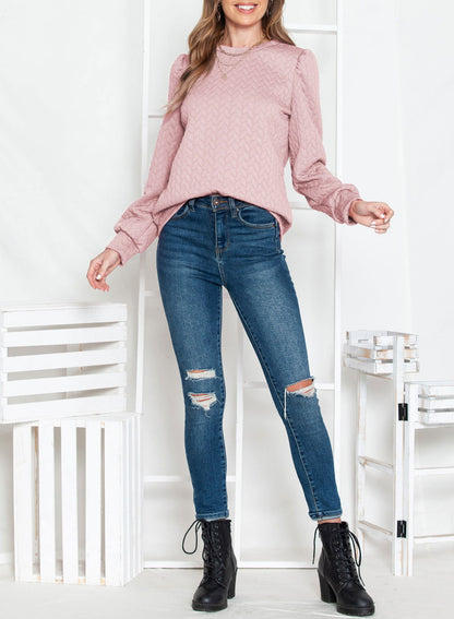 Light Pink Quilted Puff Sleeve Sweatshirt - Vesteeto