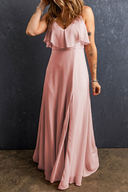 Light Pink Spaghetti Straps V Neck Ruffled Split Long Dress - Vesteeto