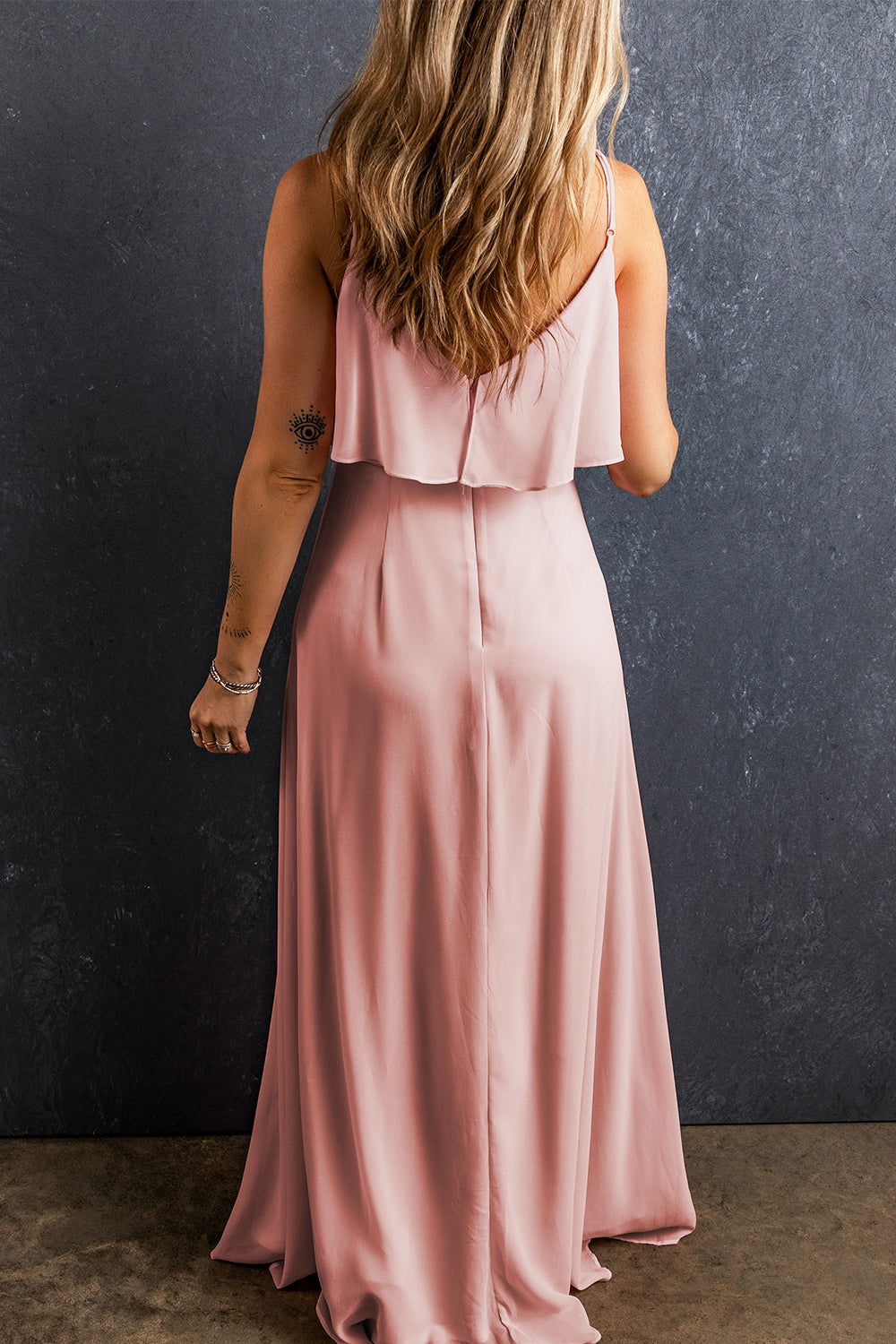 Light Pink Spaghetti Straps V Neck Ruffled Split Long Dress - Vesteeto