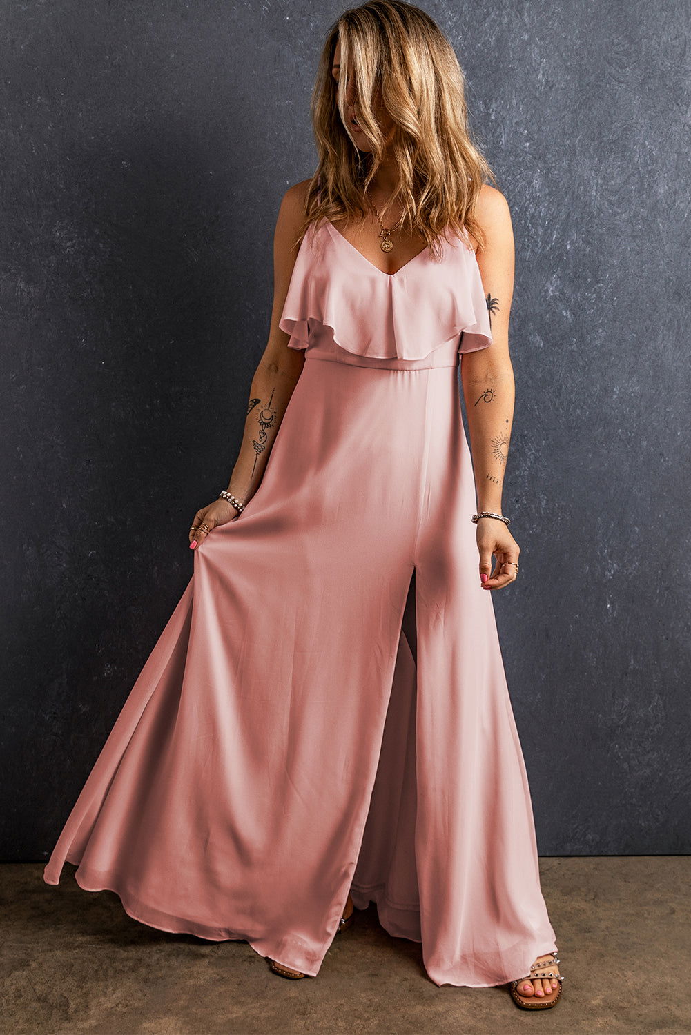 Light Pink Spaghetti Straps V Neck Ruffled Split Long Dress - Vesteeto