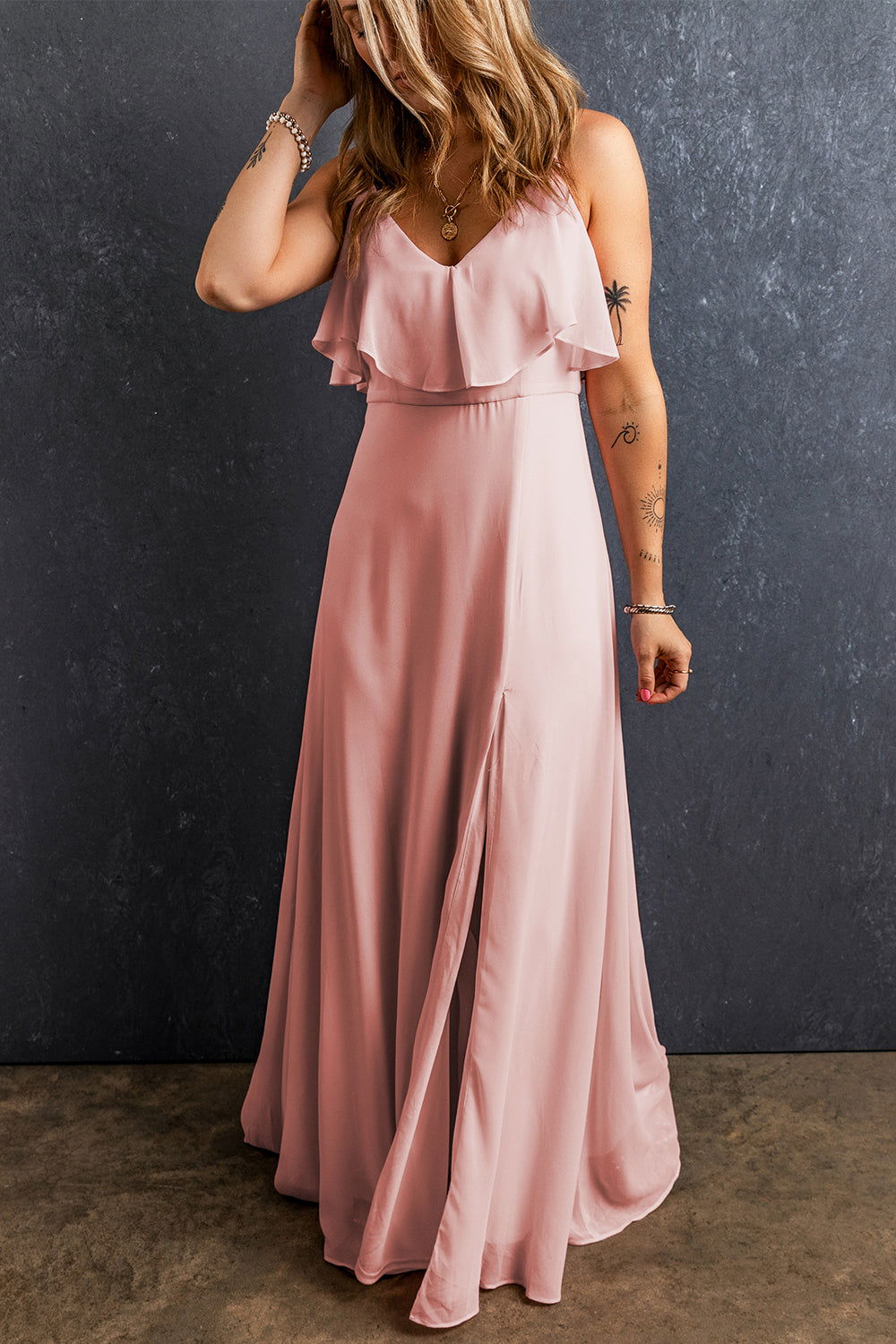 Light Pink Spaghetti Straps V Neck Ruffled Split Long Dress - Vesteeto