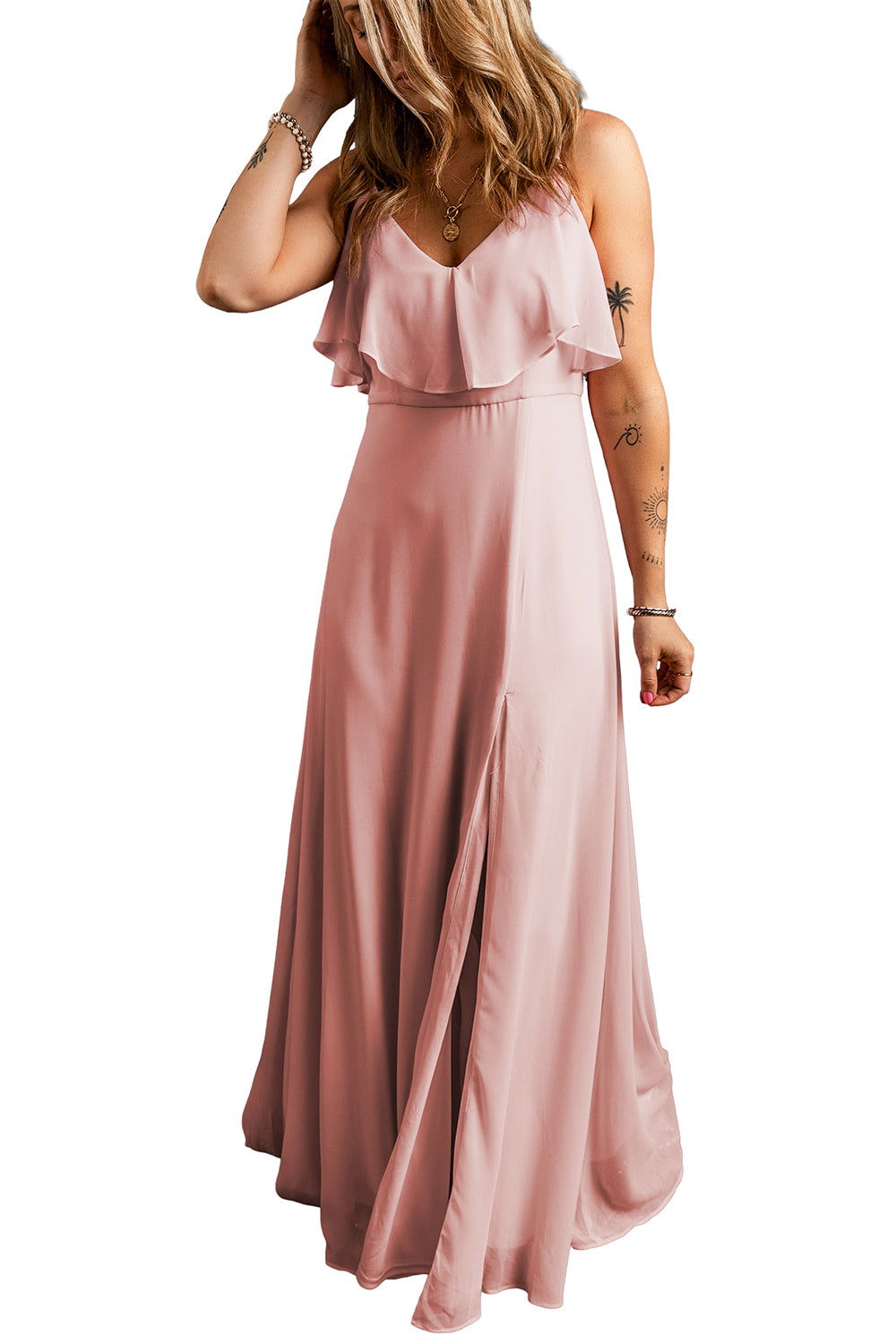 Light Pink Spaghetti Straps V Neck Ruffled Split Long Dress - Vesteeto