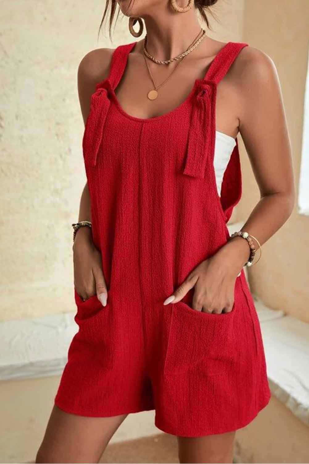 brown shoulder strap pocket textured romper