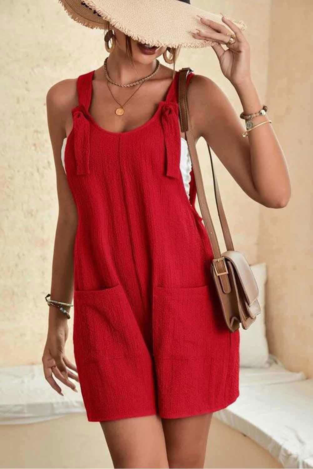 brown shoulder strap pocket textured romper