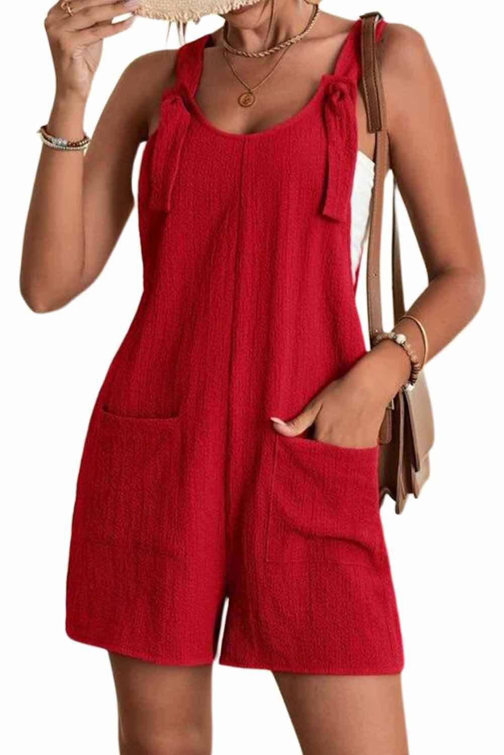 brown shoulder strap pocket textured romper