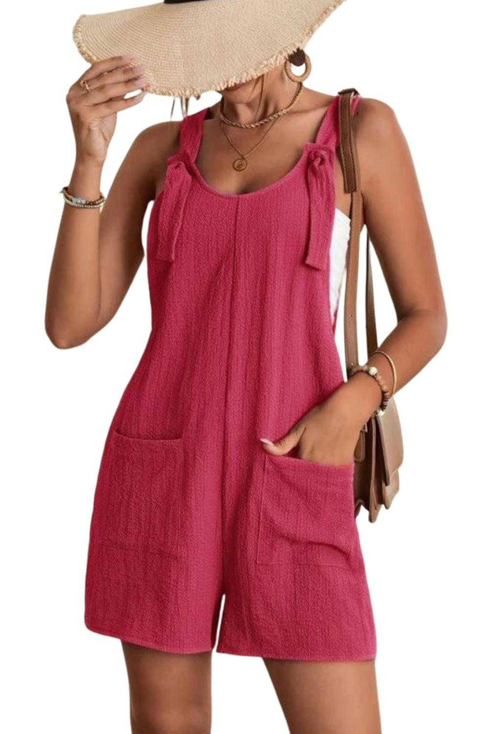 brown shoulder strap pocket textured romper