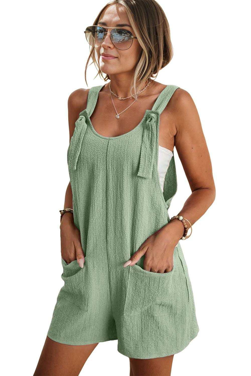 brown shoulder strap pocket textured romper