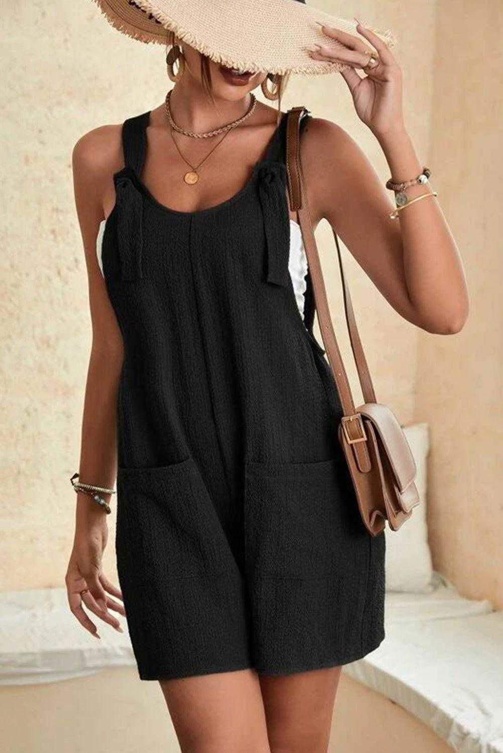 brown shoulder strap pocket textured romper