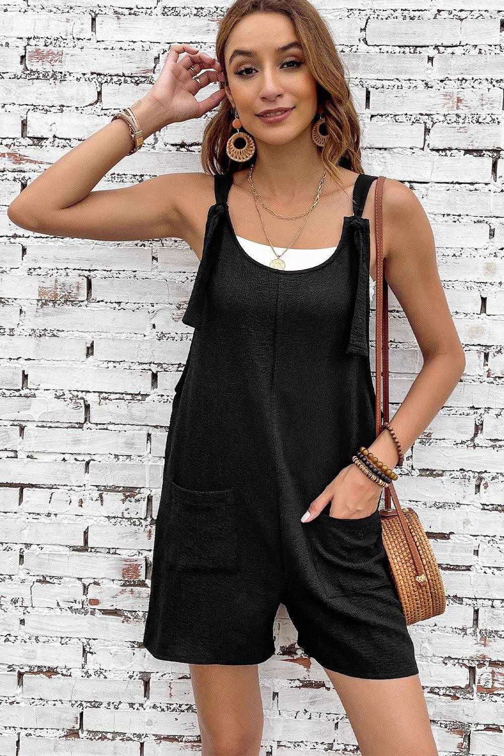 brown shoulder strap pocket textured romper